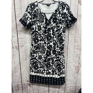 Talbots  Floral Midi Dress Womens Small Black /white Short Sleeve Pullover